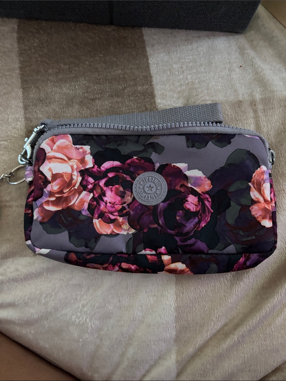 Kipling Floral Wristlet Pouch in Purple, Pink and Black